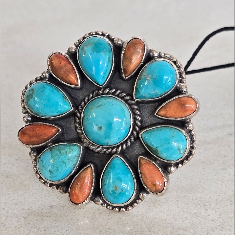 Large Sterling Silver Mohave Blue & Orange Turquoise Cluster Floral Ring  7 NWT